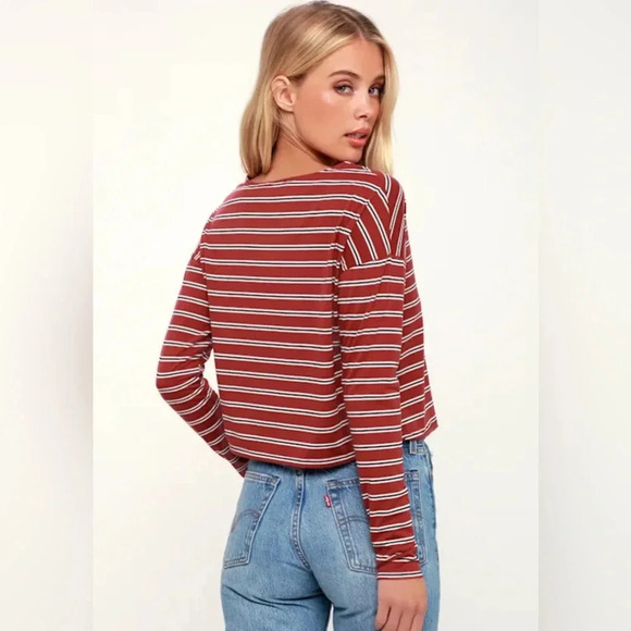 LULU’s City Girl Rust Red Striped Long Sleeve Crop Top - Picture 2 of 7